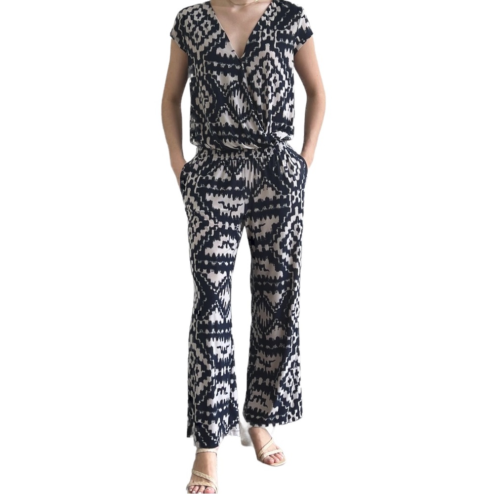 NEW INC Jumpsuit IKAT Blue Pantsuit Lightweight Stretchy Pattern Printed Medium